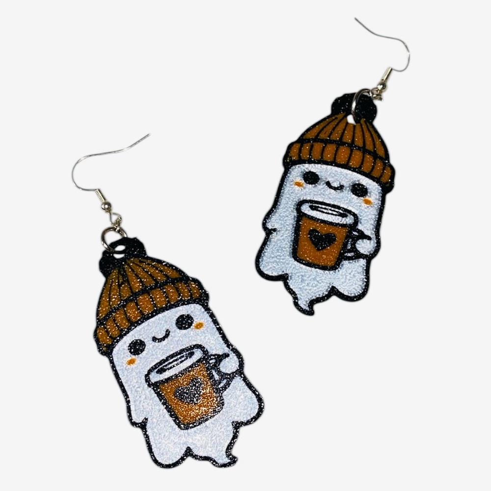 NWOT Orange/Black/White 3D Printed Halloween Ghost Earrings